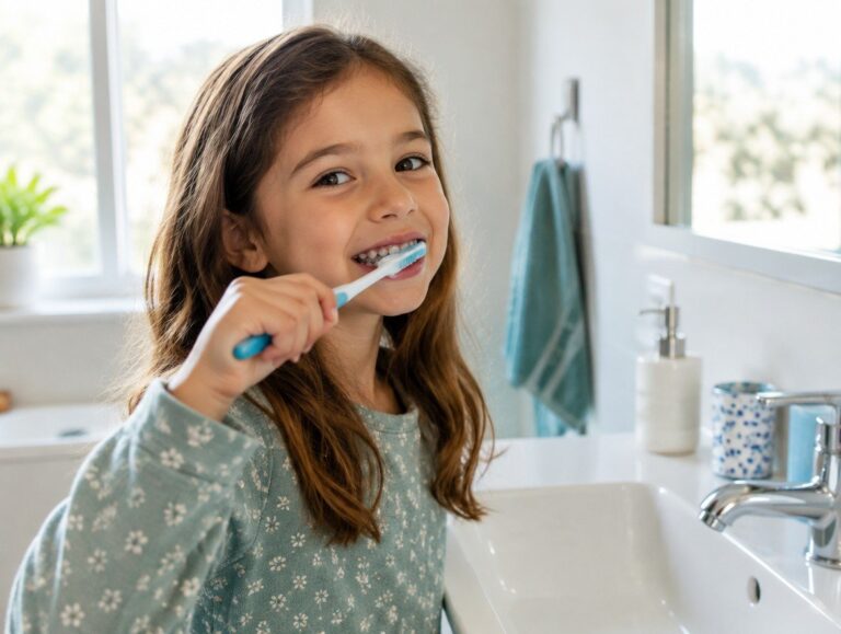 Niña lavándose los dientes de forma autónoma